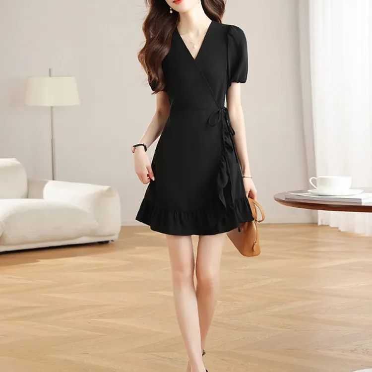 TORIGHT Short Sleeved Dress Women's Black+Bowknot Hair Tie Comes With-4