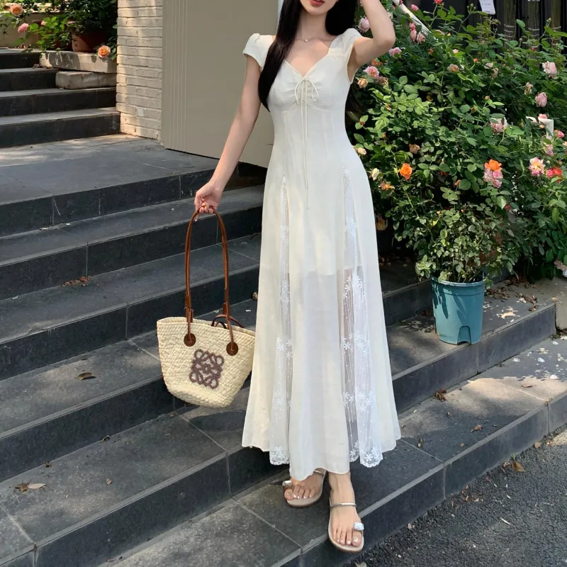 TORIGHT Short Sleeved Dress Women's Apricot+Bowknot Hair Tie Comes With-2