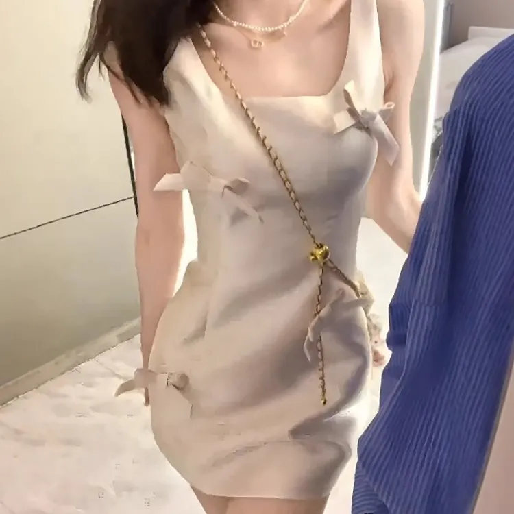 TORIGHT Sleeveless Dress Women's Pearl White+Bowknot Hair Tie Comes With-6