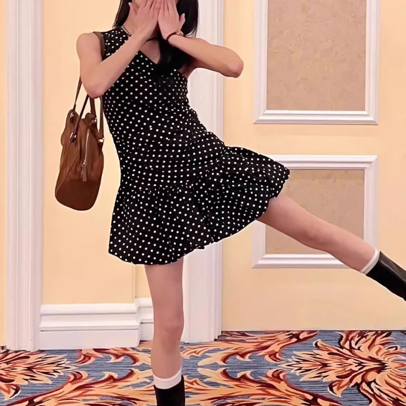 TORIGHT Sleeveless Dress Women's Black Polka Dot+Bowknot Hair Tie Comes With-6
