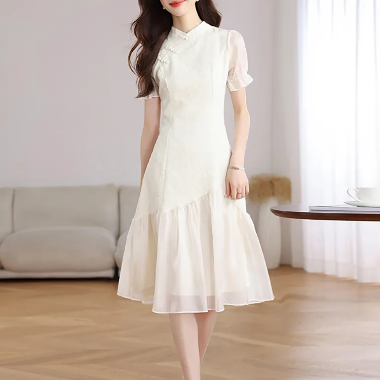 TORIGHT Short Sleeved Dress Women's Apricot+Bowknot Hair Tie Comes With-3