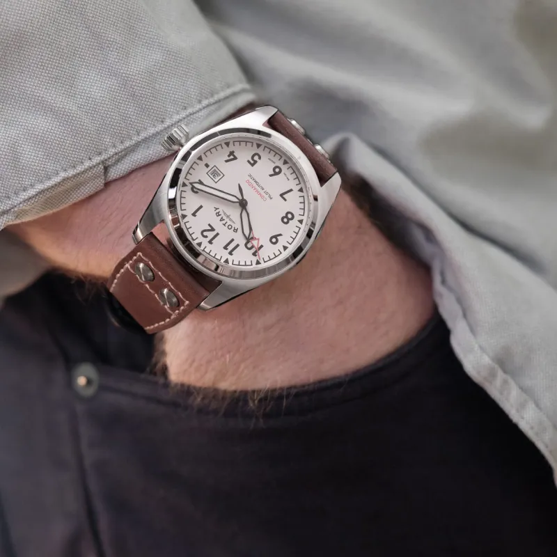 ROTARY Wrist Watch Mechanical Movement Leather Strap 42mm White Dial Men's Watches-3