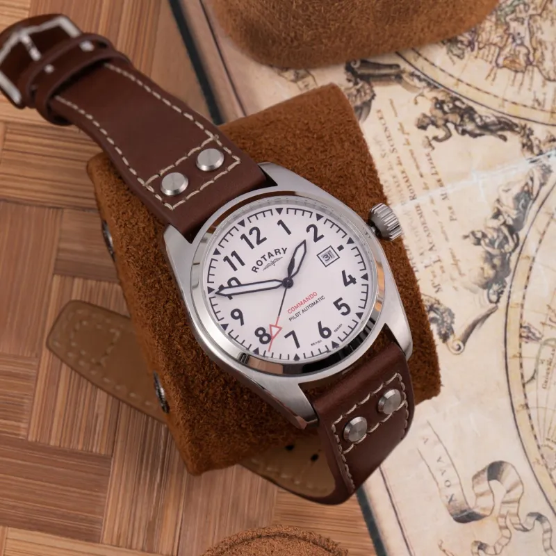 ROTARY Wrist Watch Mechanical Movement Leather Strap 42mm White Dial Men's Watches-5