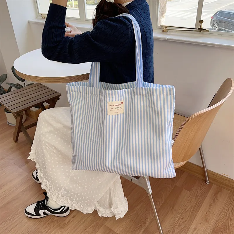 Juju Jimmy Fabric Shoulder Bag Large Size Women's Vertical Bar Blue-2