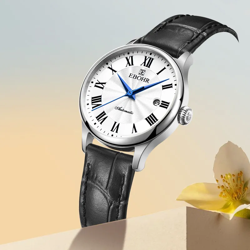 EBOHR Mechanical Movement Genuine Leather Strap Watch Women's Watch White Dial-4