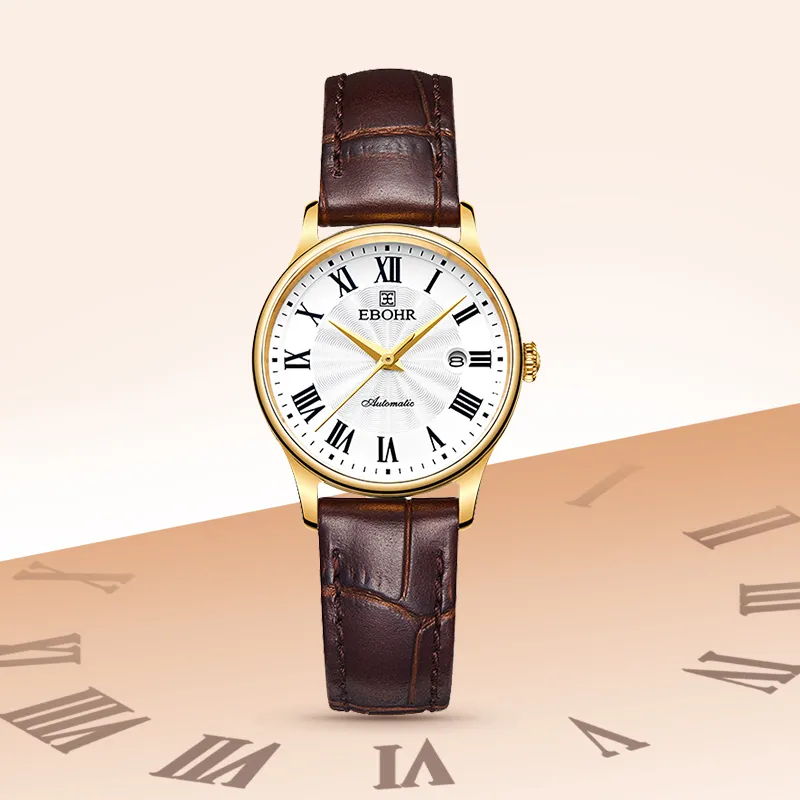 EBOHR Mechanical Movement Genuine Leather Strap Watch Women's Watch White Dial-5