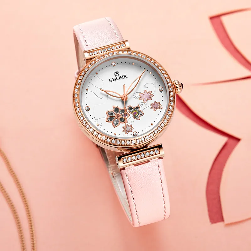 EBOHR Revenge Collection Mechanical Movement Leather Watch Bands Watch Women's Watch White Dial-2