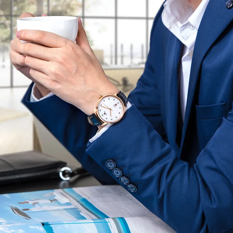 EBOHR Master Collection Mechanical Movement Leather Strap Watch Men's Watches White Dial-4
