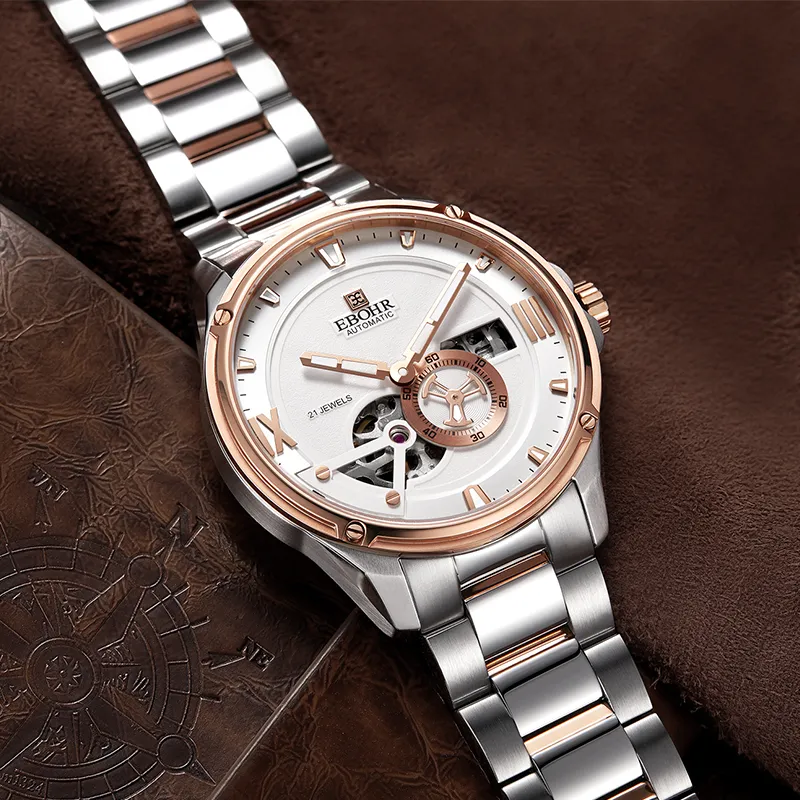 EBOHR Master Collection Traveler Mechanical Movement Stainless Steel Strap Watch Men's Watches White Dial-3