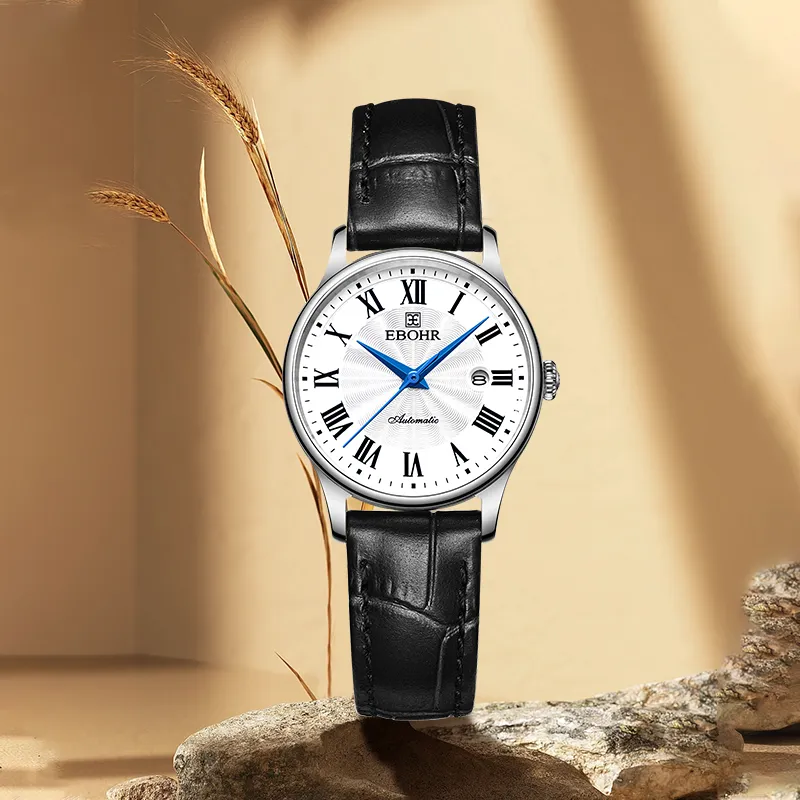 EBOHR Mechanical Movement Genuine Leather Strap Watch Women's Watch White Dial-3