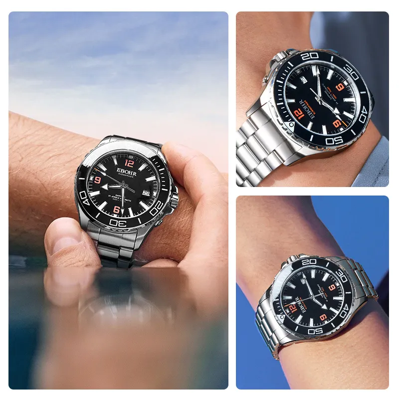 EBOHR Explorer Collection Automatic Mechanical Movement Stainless Steel Strap Watch Men's Watches Black Dial-3