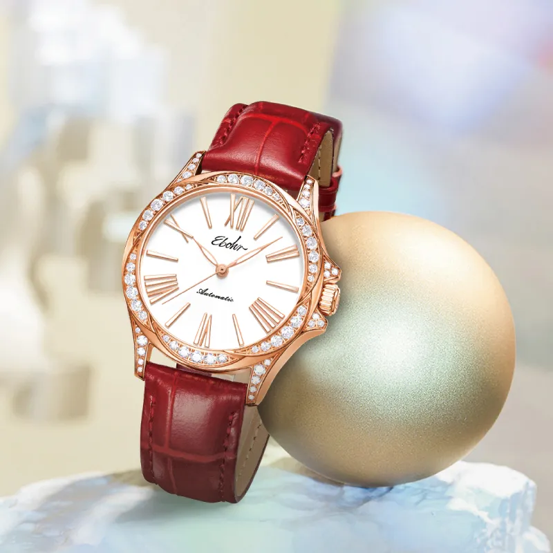 EBOHR Automatic Mechanical Movement Genuine Leather Strap Watch Women's Watch White Dial-1