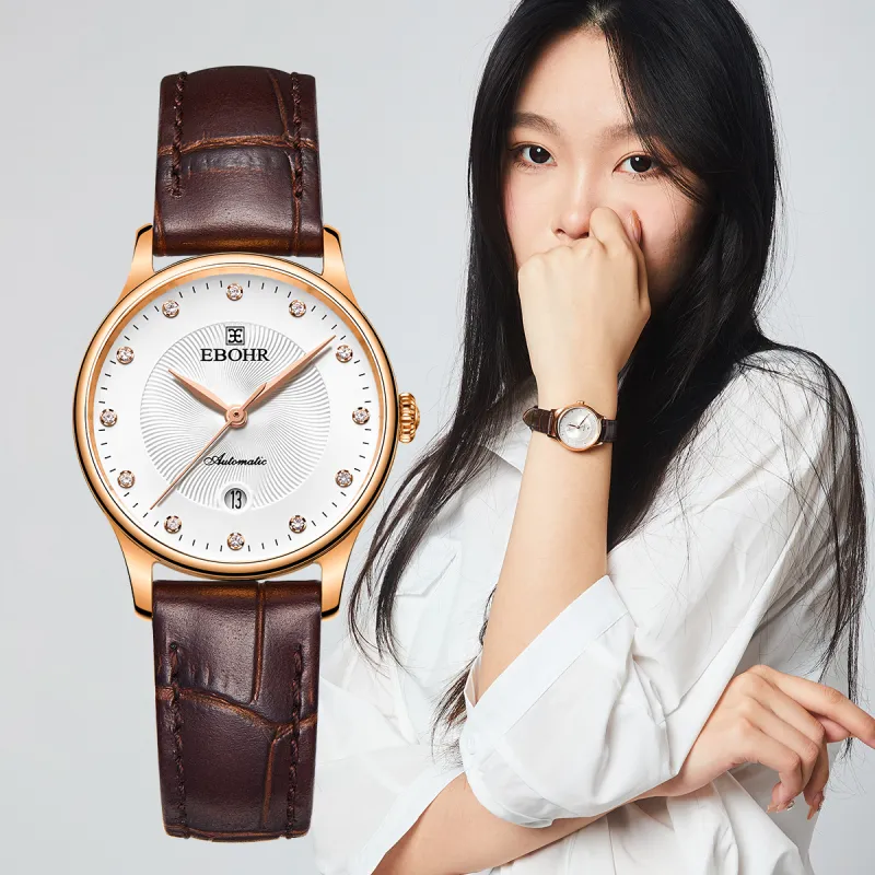 EBOHR Cana Collection Mechanical Movement Cowhide Strap Watch Women's Watch White Dial-15