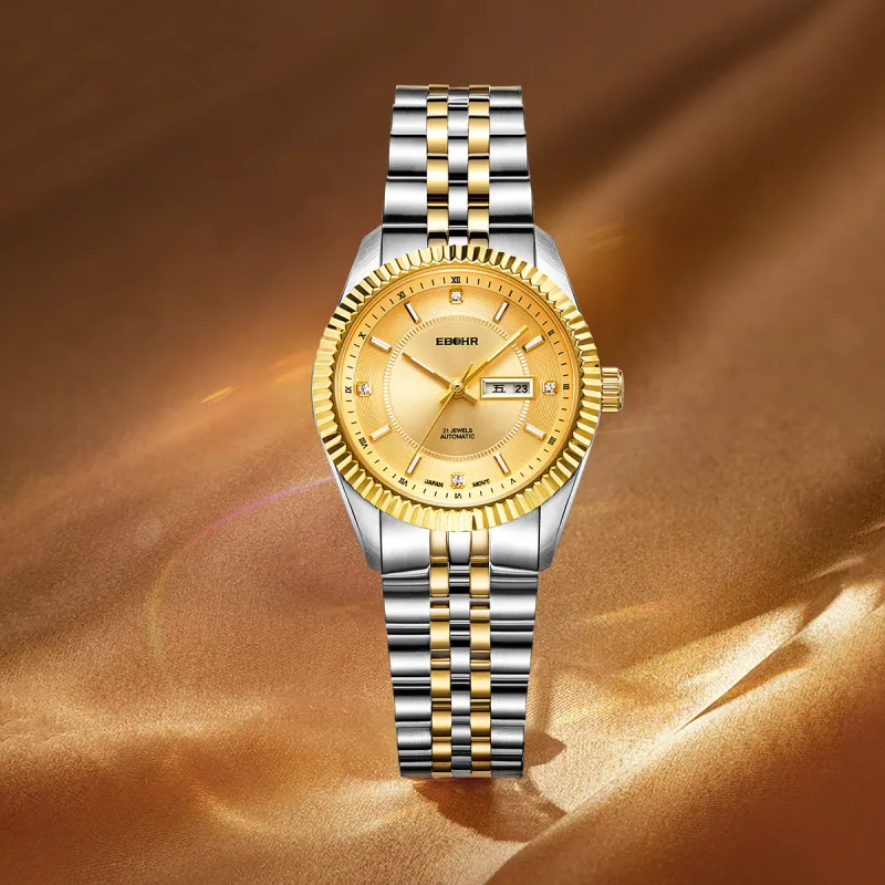 EBOHR Same Style, Store Exclusive Mechanical Movement Stainless Steel Strap Watch Women's Watch Gold Dial-1