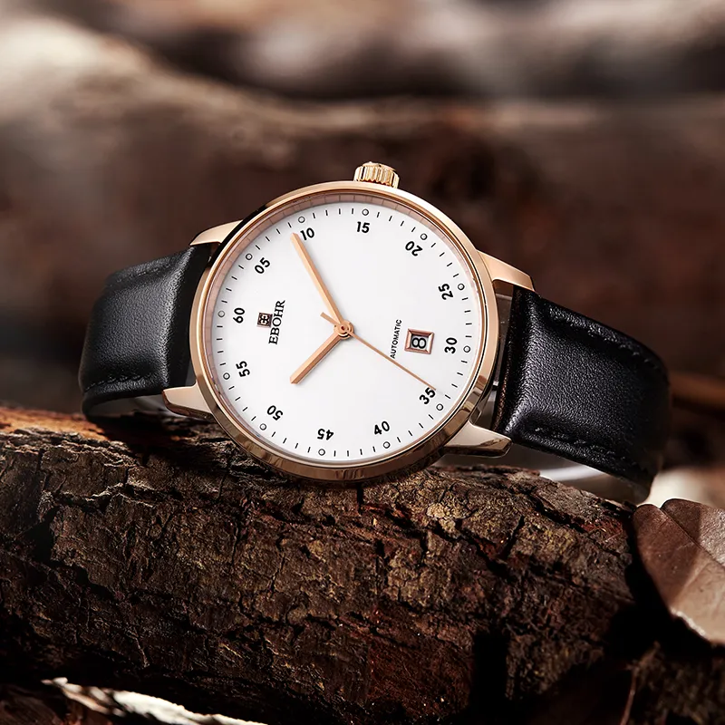 EBOHR Master Collection Mechanical Movement Leather Strap Watch Men's Watches White Dial-2