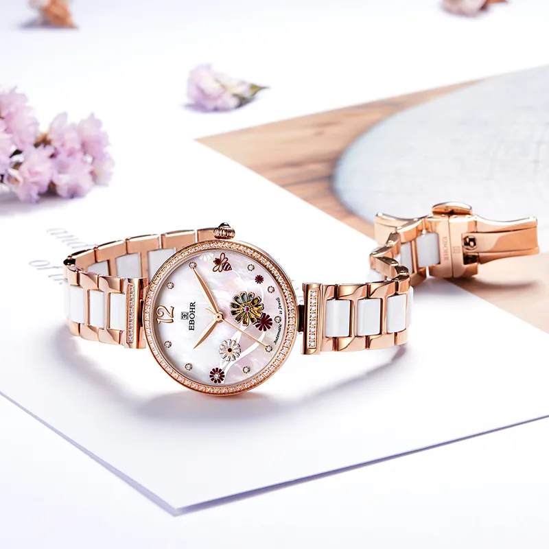 EBOHR Cana Collection Mechanical Movement Ceramic Strap Watch Women's Mother of Pearl Color Watch Dial-1
