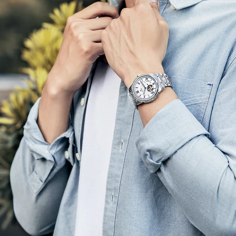 EBOHR Mechanical Heart Automatic Mechanical Movement Tungsten Steel Strap Watch Men's Watches White Dial-2