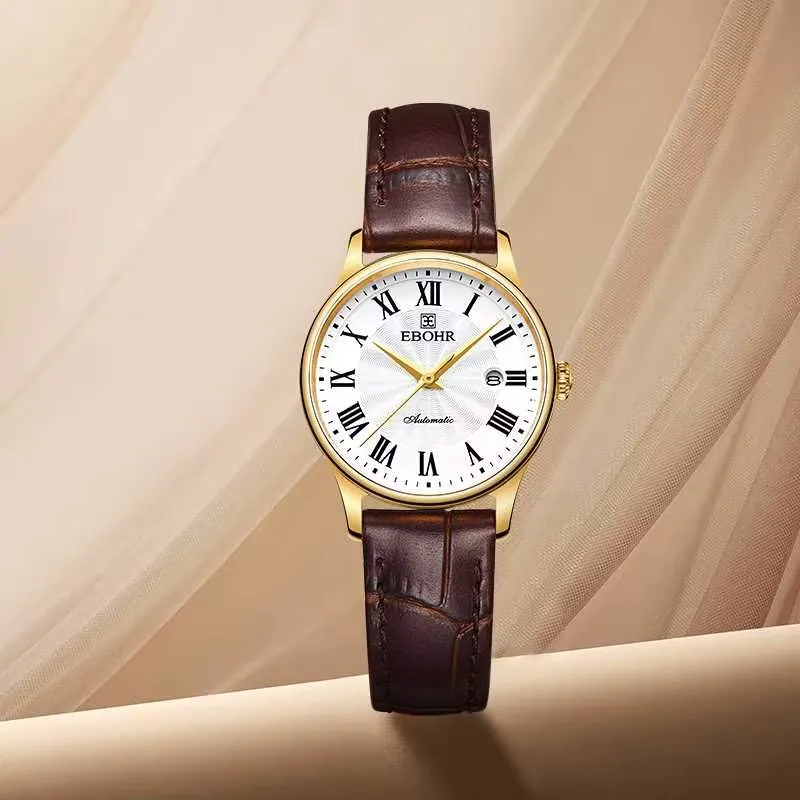 EBOHR Mechanical Movement Genuine Leather Strap Watch Women's Watch White Dial-2