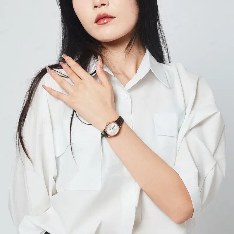 EBOHR Cana Collection Mechanical Movement Cowhide Strap Watch Women's Watch White Dial-14