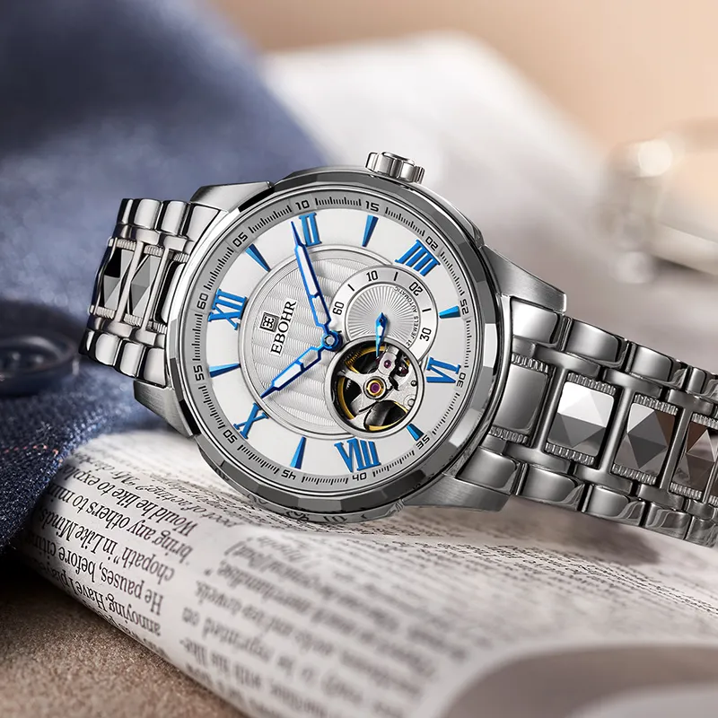 EBOHR Mechanical Heart Automatic Mechanical Movement Tungsten Steel Strap Watch Men's Watches White Dial-4