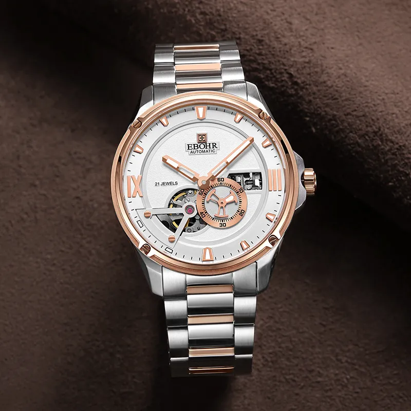 EBOHR Master Collection Traveler Mechanical Movement Stainless Steel Strap Watch Men's Watches White Dial-1