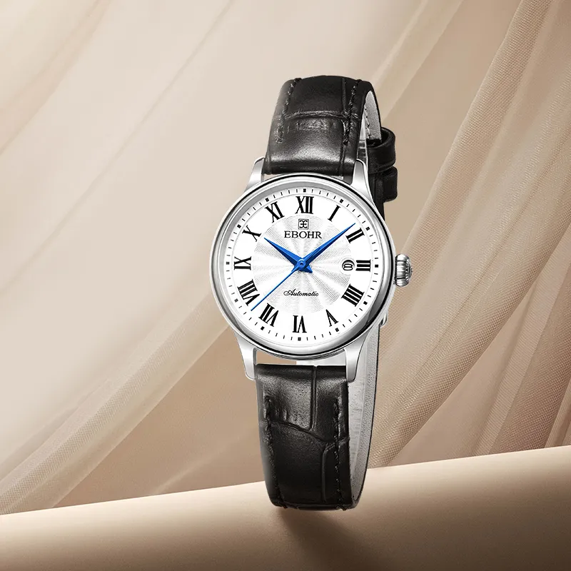 EBOHR Mechanical Movement Genuine Leather Strap Watch Women's Watch White Dial-2