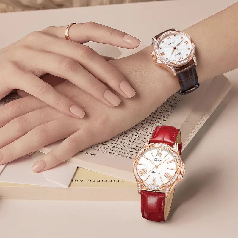 EBOHR Automatic Mechanical Movement Genuine Leather Strap Watch Women's Watch White Dial-2