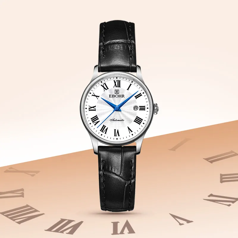 EBOHR Mechanical Movement Genuine Leather Strap Watch Women's Watch White Dial-5