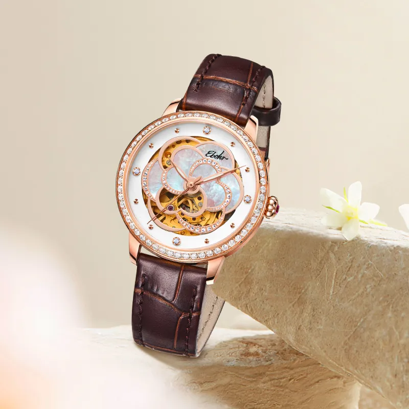 EBOHR Cut Out Orchid Plate Mechanical Movement Cowhide Strap Watch Women's Watch Mother of Pearl Color Watch Dial-2
