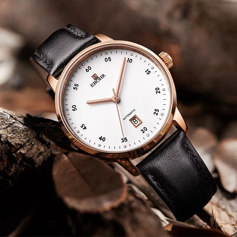 EBOHR Master Collection Mechanical Movement Leather Strap Watch Men's Watches White Dial-1