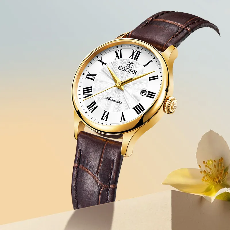 EBOHR Mechanical Movement Genuine Leather Strap Watch Women's Watch White Dial-4