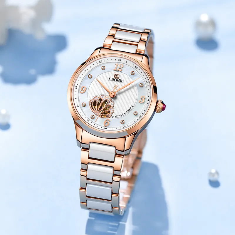 EBOHR Revenge Collection Mechanical Movement Steel Strap Watch Women's Watch White Dial-3