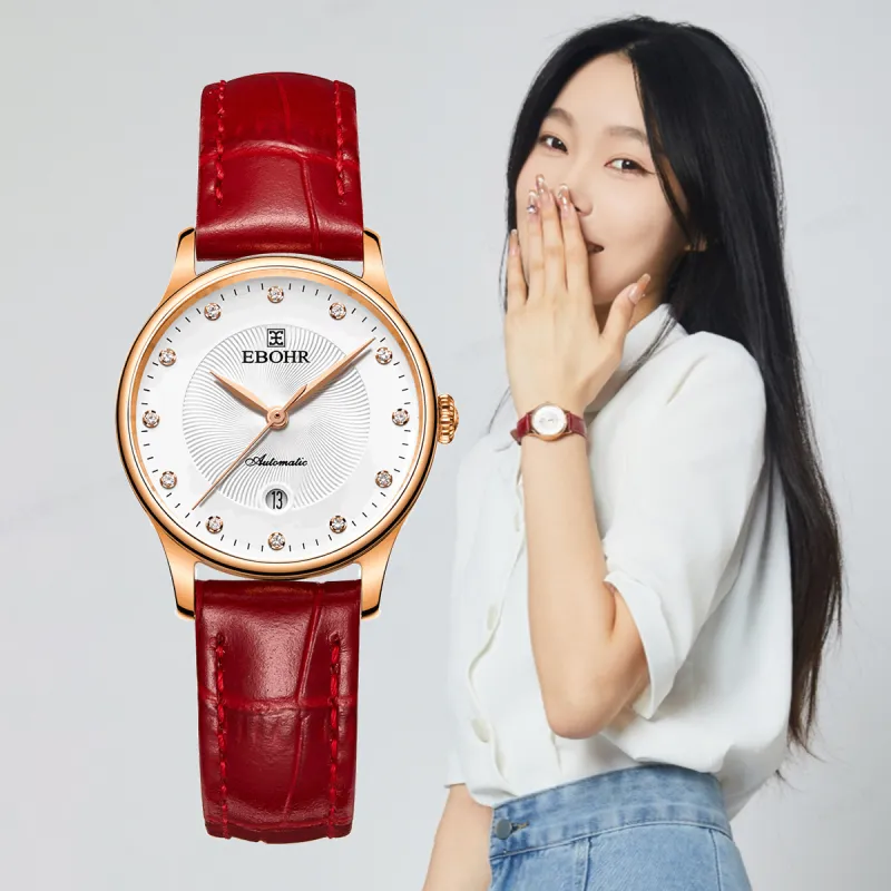 EBOHR Cana Collection Mechanical Movement Cowhide Strap Watch Women's Watch White Dial-5