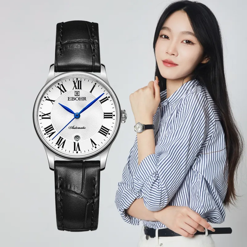 EBOHR Cana Collection Mechanical Movement Cowhide Strap Watch Women's Watch White Dial-10