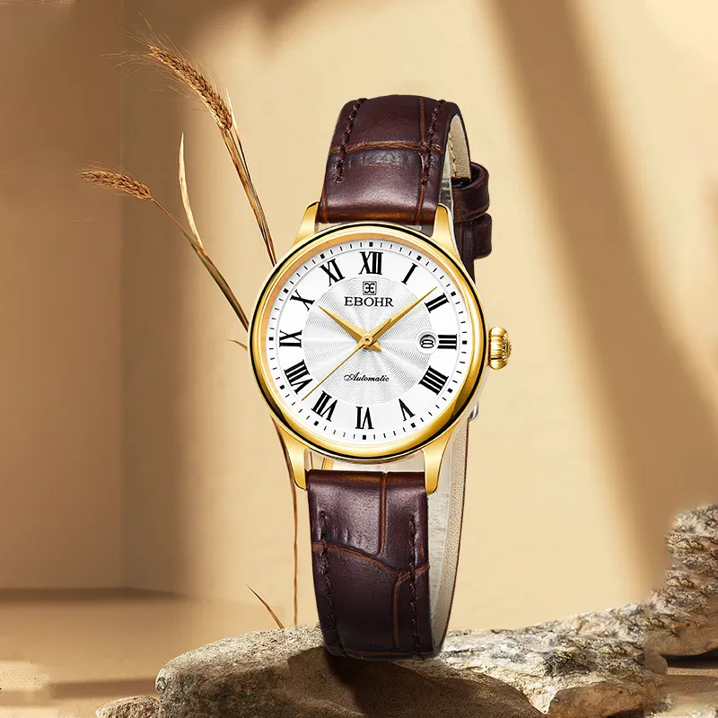EBOHR Mechanical Movement Genuine Leather Strap Watch Women's Watch White Dial-3