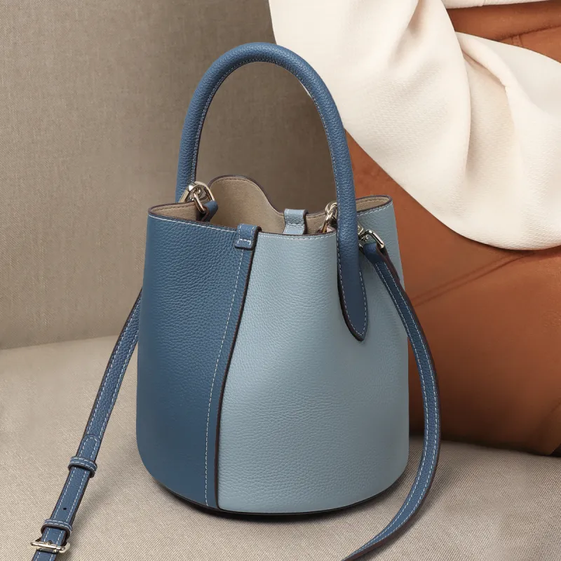 EBLAN Cow Leather Handbag, Shoulder Bag, Crossbody Bag, Bucket Bag Medium Size Women's Dark Blue & Light Blue-2