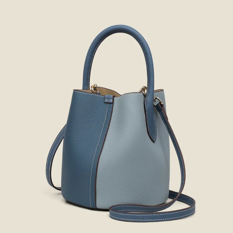 EBLAN Cow Leather Handbag, Shoulder Bag, Crossbody Bag, Bucket Bag Medium Size Women's Dark Blue & Light Blue-4