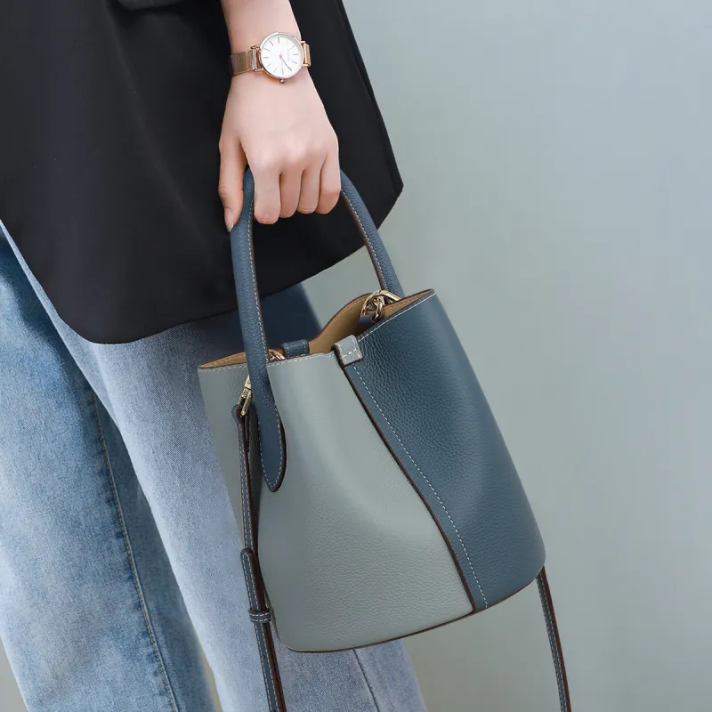 EBLAN Cow Leather Handbag, Shoulder Bag, Crossbody Bag, Bucket Bag Medium Size Women's Dark Blue & Light Blue-1