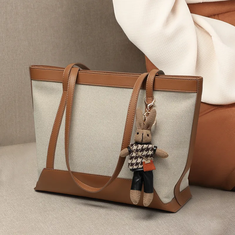 EBLAN Synthetic Leather Shoulder Bag Tote Large Size Women's Ecru & Brown-2