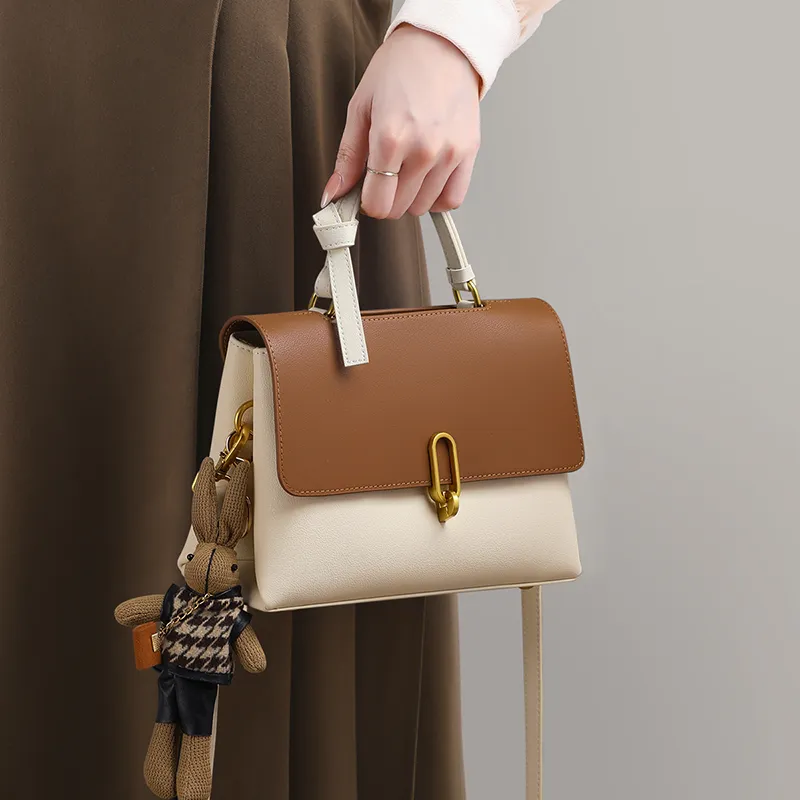 EBLAN Cow Leather Handbag, Shoulder Bag, Crossbody Bag Regular Women's White & Coffee-2