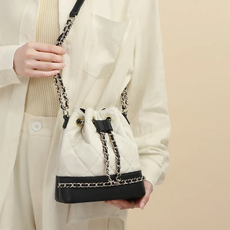 EBLAN Cow Leather Shoulder Bag, Crossbody Bag Regular Women's White & Black-2