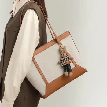 EBLAN Synthetic Leather Shoulder Bag Tote Large Size Women's Ecru & Brown