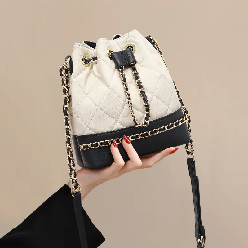 EBLAN Cow Leather Shoulder Bag, Crossbody Bag Regular Women's White & Black-4