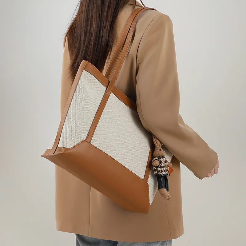 EBLAN Synthetic Leather Shoulder Bag Tote Large Size Women's Ecru & Brown-4