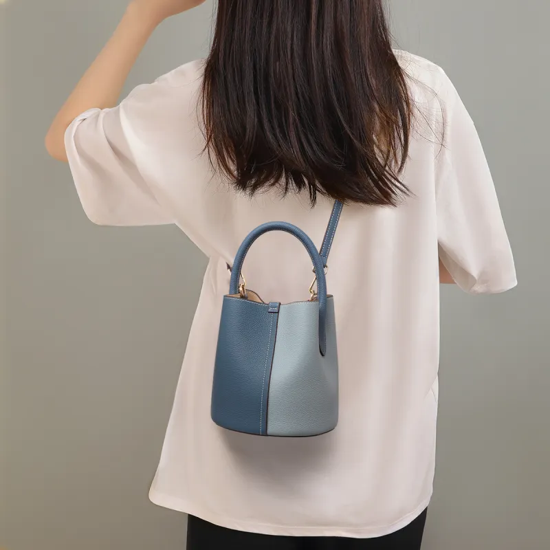 EBLAN Cow Leather Handbag, Shoulder Bag, Crossbody Bag, Bucket Bag Medium Size Women's Dark Blue & Light Blue-3