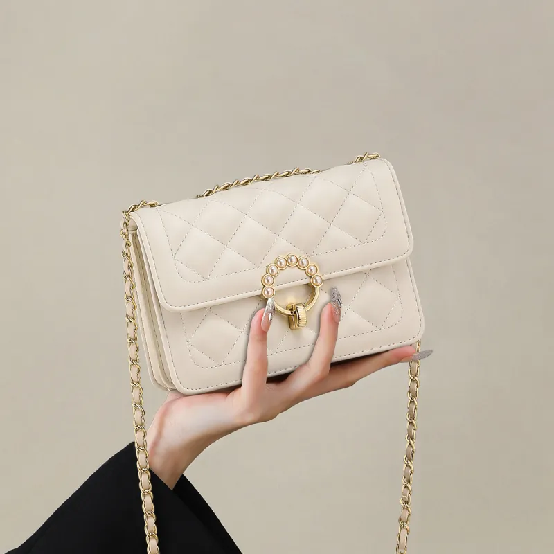 EBLAN Cow Leather Shoulder Bag, Crossbody Bag, Small Square Bag Regular Women's Milkshake White-2