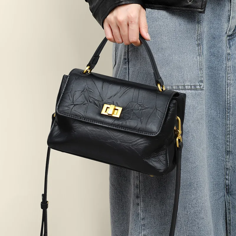 EBLAN Cow Leather Handbag Regular Women's Black/Ecru-4