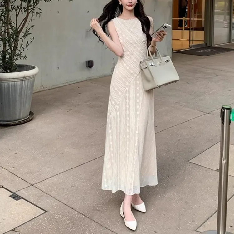 PAVEA Sleeveless Dress Women's Beige+Hair Tie Comes With-4