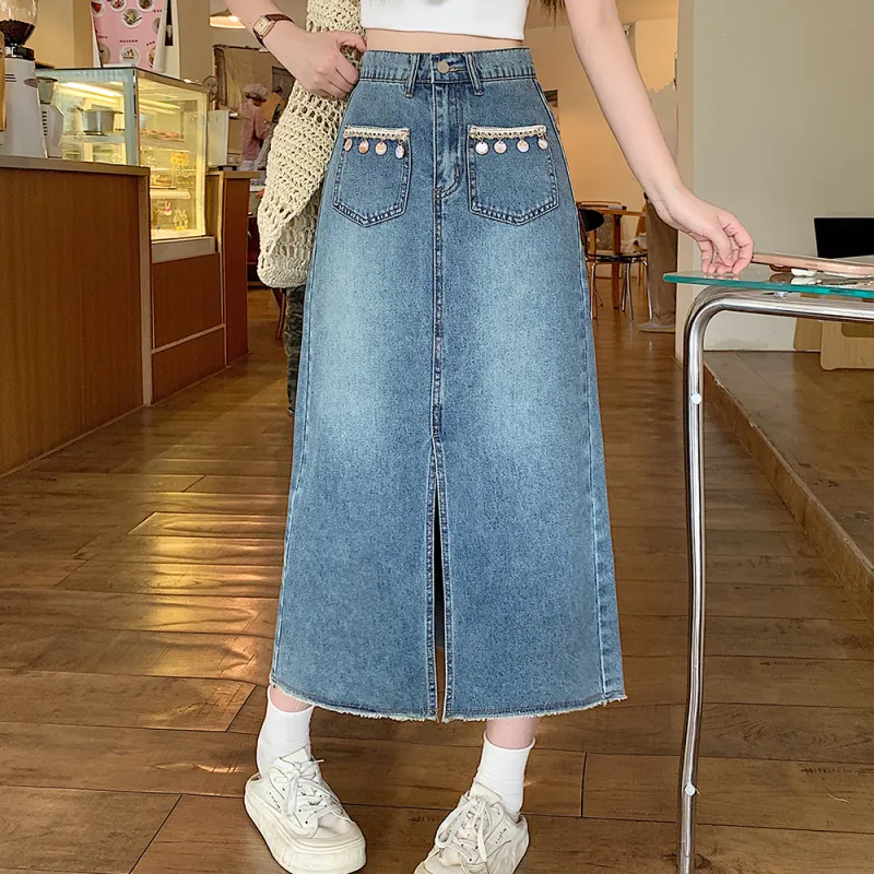 PAVEA Denim Long Skirts Women's Blue+Hair Tie Comes With-2