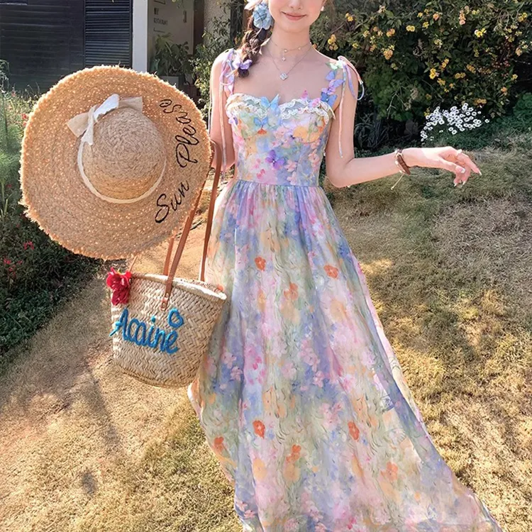 PAVEA Slip Dress Women's Oil Painting Pink Blue+Hair Tie Comes With-2